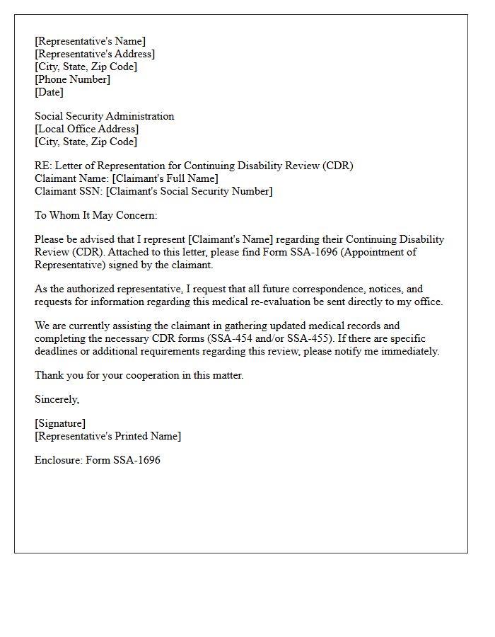 Letter of Representation to the Social Security Administration for Continuing Disability Reviews
