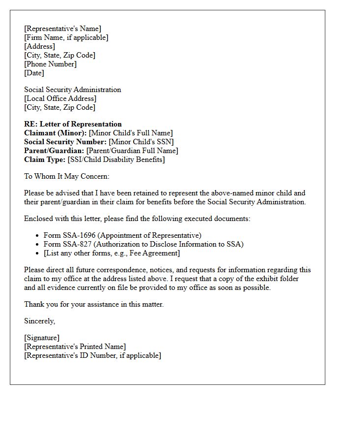Letter of Representation to the Social Security Administration for Minor Child Claims