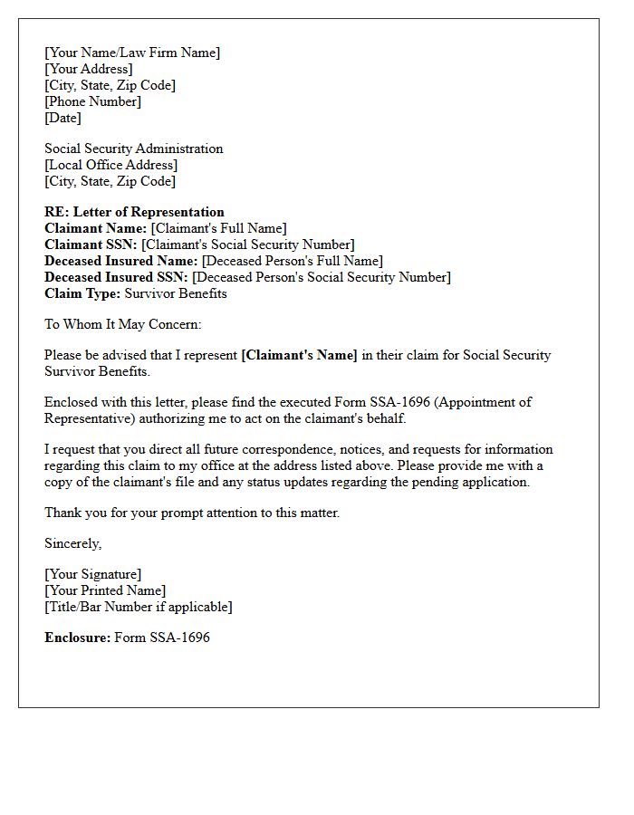 Letter of Representation to the Social Security Administration for Survivor Benefits
