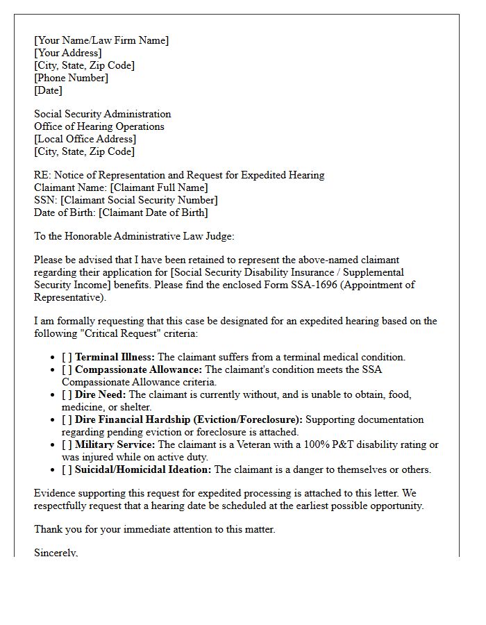 Letter of Representation to the Social Security Administration for Expedited Hearings