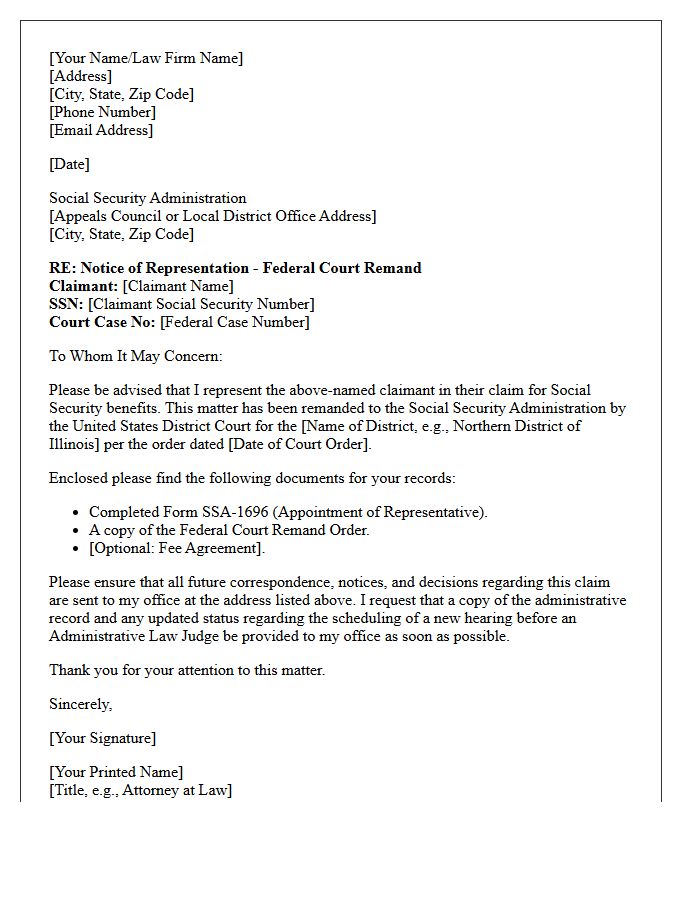 Letter of Representation to the Social Security Administration for Federal Court Remands