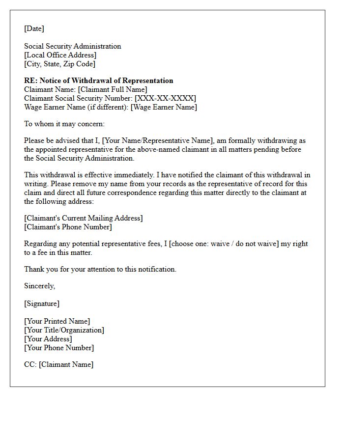 Notice of Withdrawal Letter of Representation to the Social Security Administration
