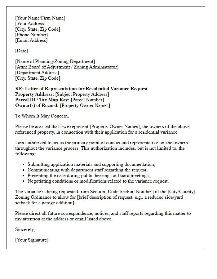 Letter of Representation for Residential Variance Request