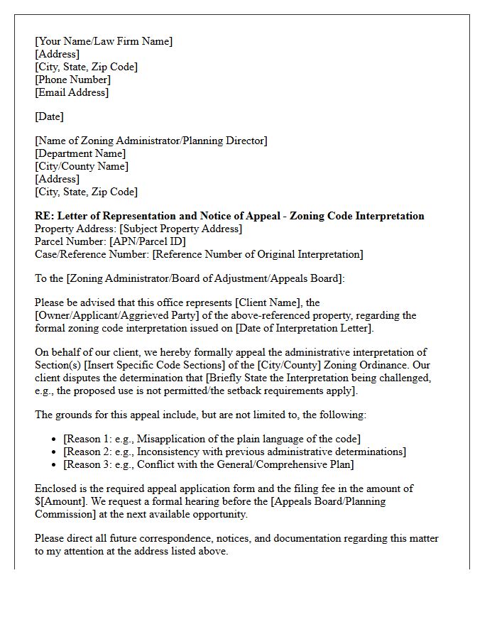 Letter of Representation for Zoning Code Interpretation Appeal