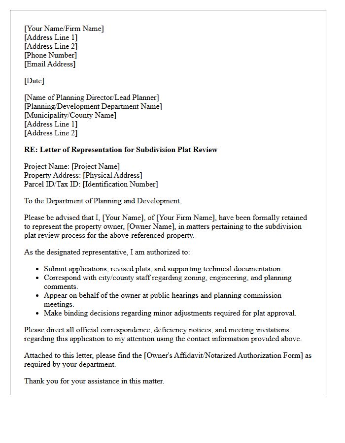 Letter of Representation for Subdivision Plat Review Process