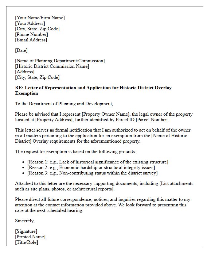 Letter of Representation for Historic District Overlay Exemption
