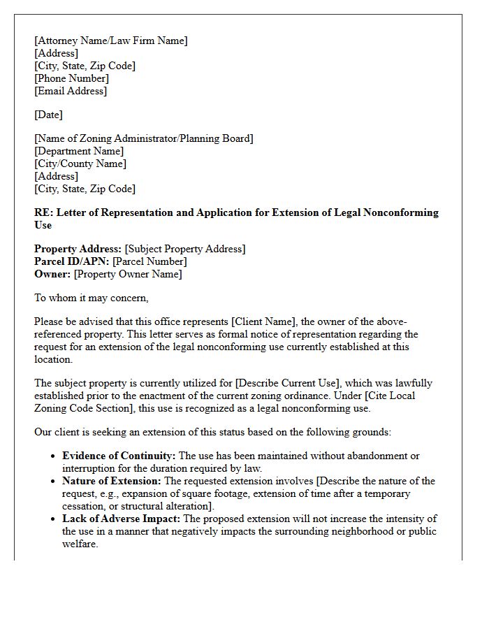 Letter of Representation for Legal Nonconforming Use Extension