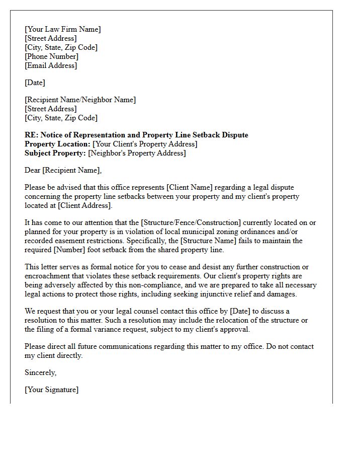 Letter of Representation for Property Line Setback Dispute