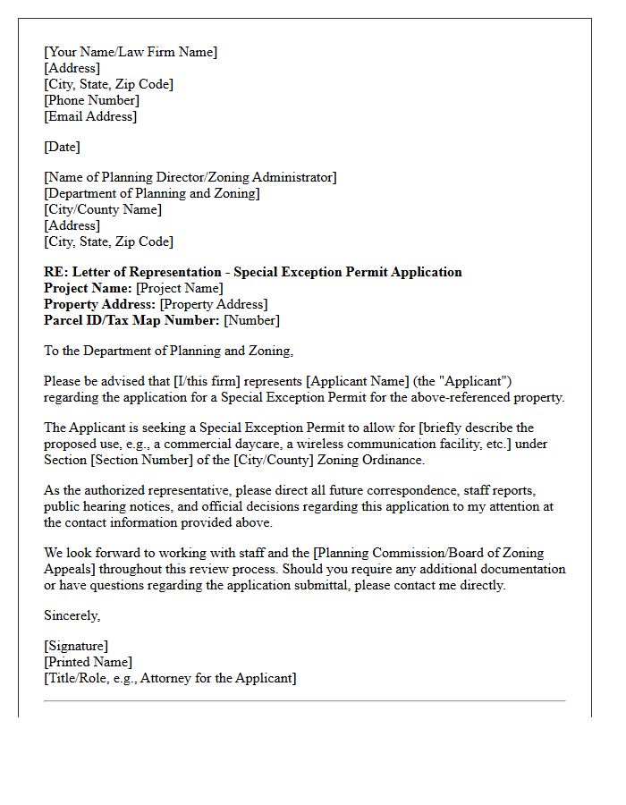 Letter of Representation for Special Exception Permit Approval