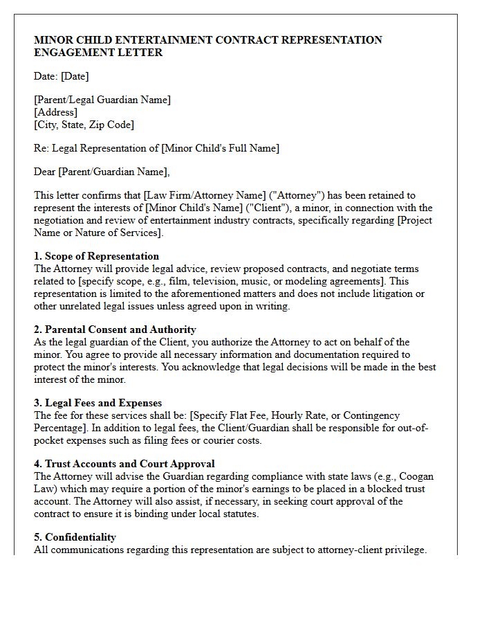 Minor Child Entertainment Contract Representation Engagement Letter