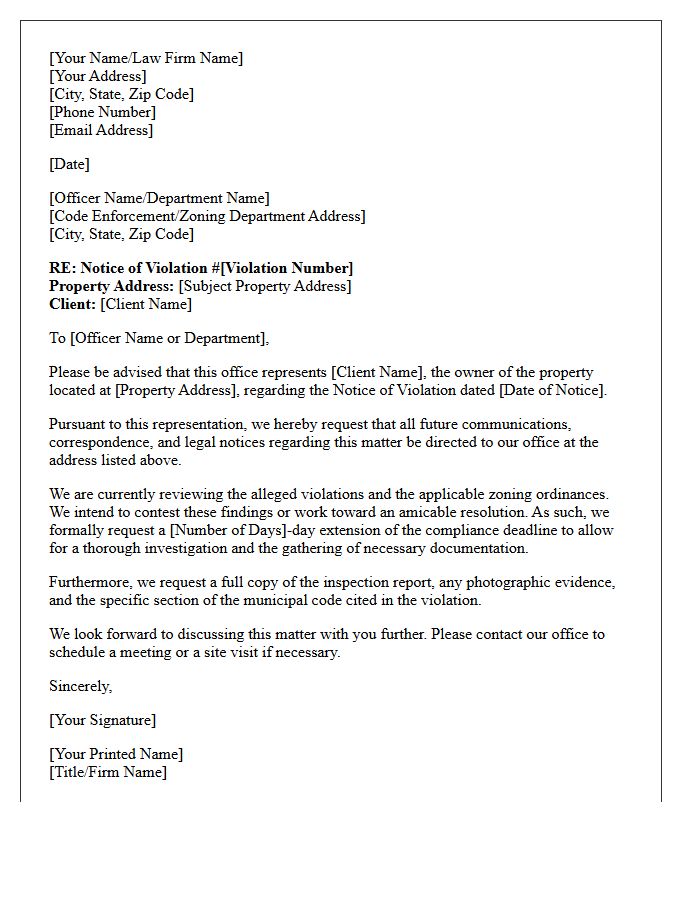 Letter of Representation for Zoning Violation Notice Defense
