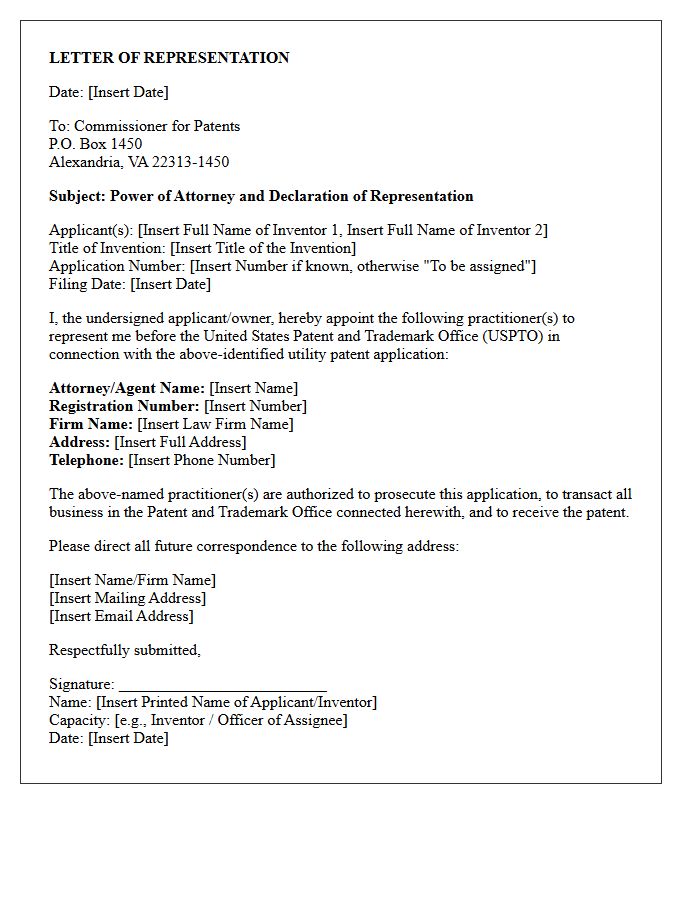 Letter of Representation for Utility Patent Application Filing
