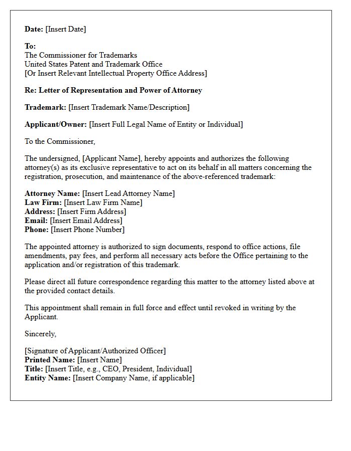 Letter of Representation for Trademark Registration and Prosecution