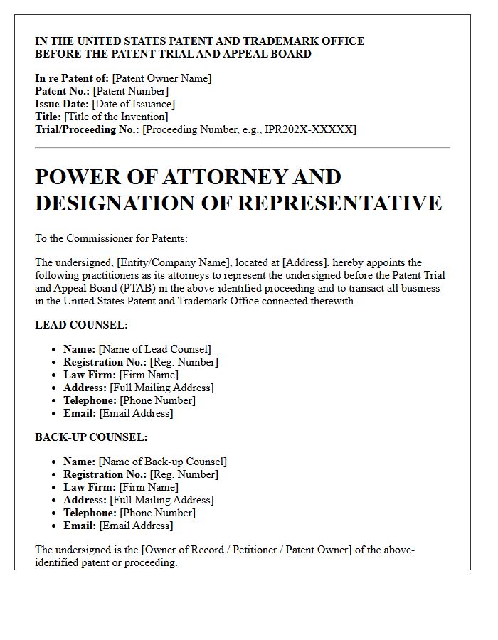 Letter of Representation for Patent Trial and Appeal Board Proceedings