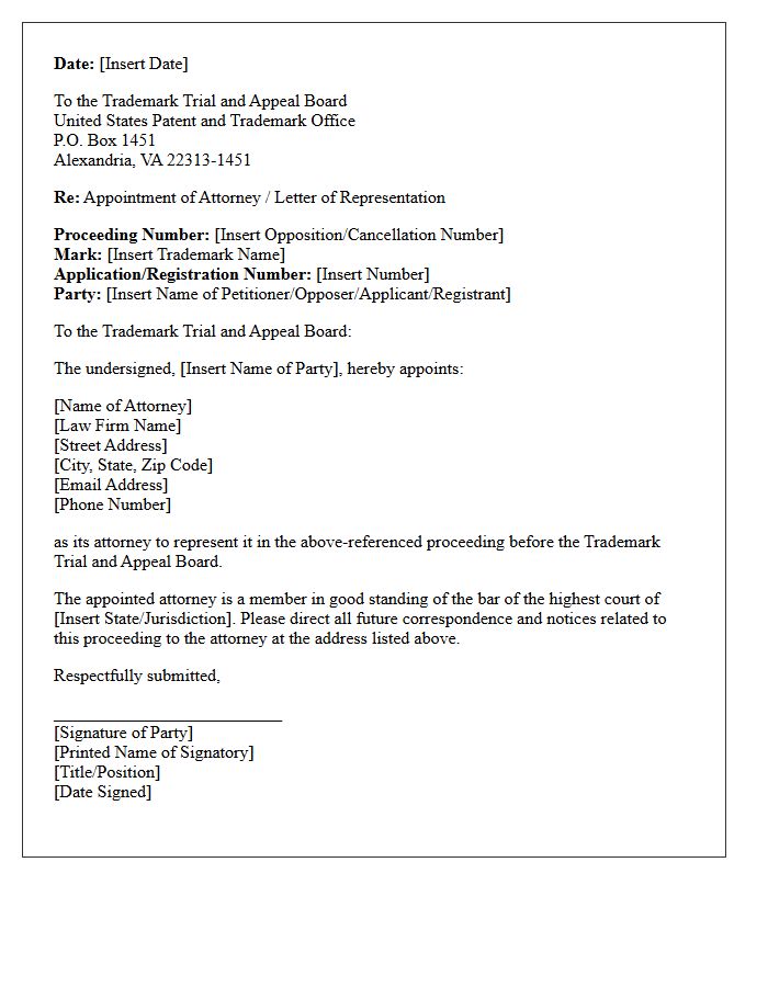 Letter of Representation for Trademark Trial and Appeal Board Proceedings
