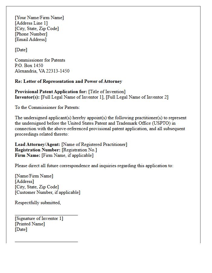 Letter of Representation for Provisional Patent Application Filing
