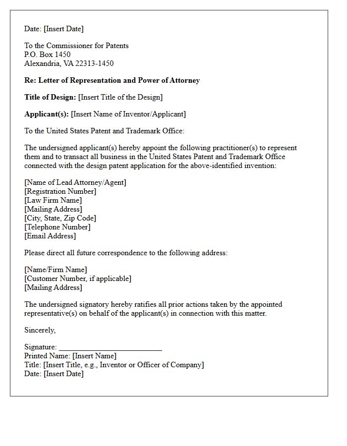 Letter of Representation for Design Patent Application Filing