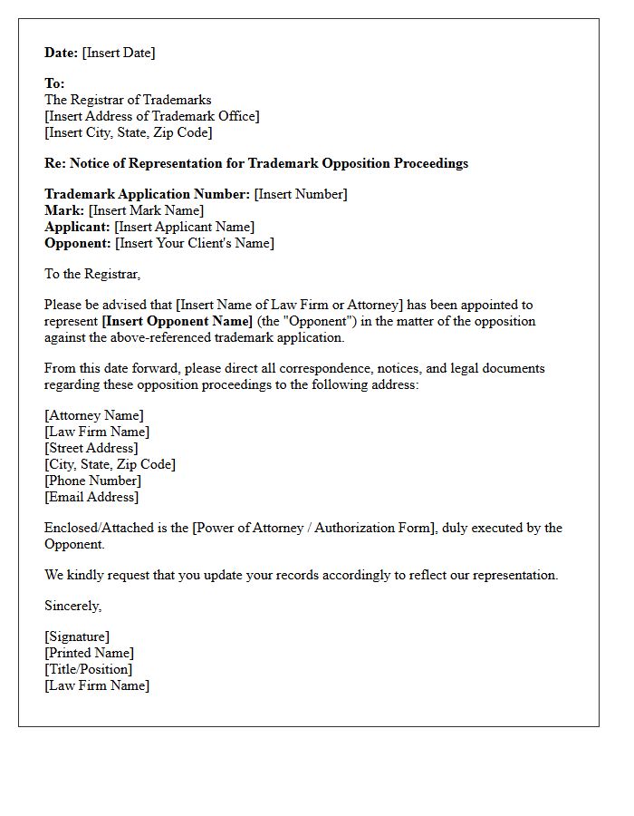 Letter of Representation for Trademark Opposition Proceedings