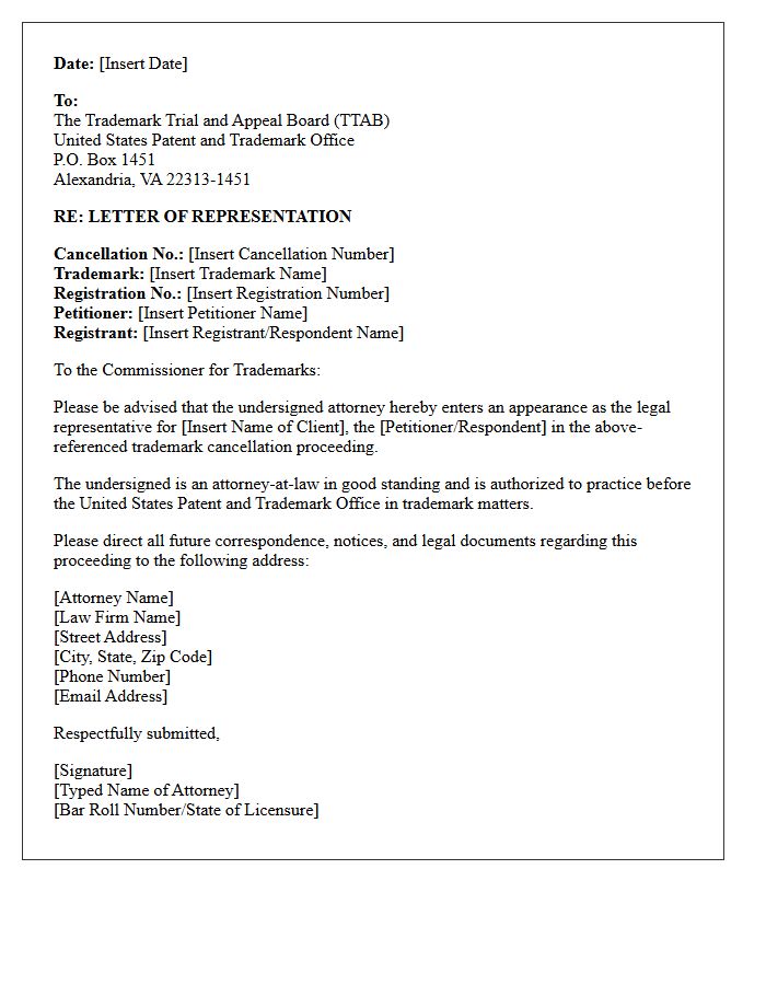 Letter of Representation for Trademark Cancellation Proceedings