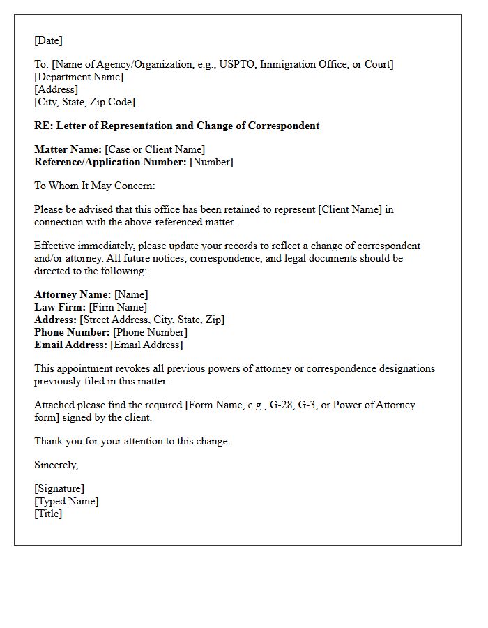 Letter of Representation for Change of Correspondent or Attorney
