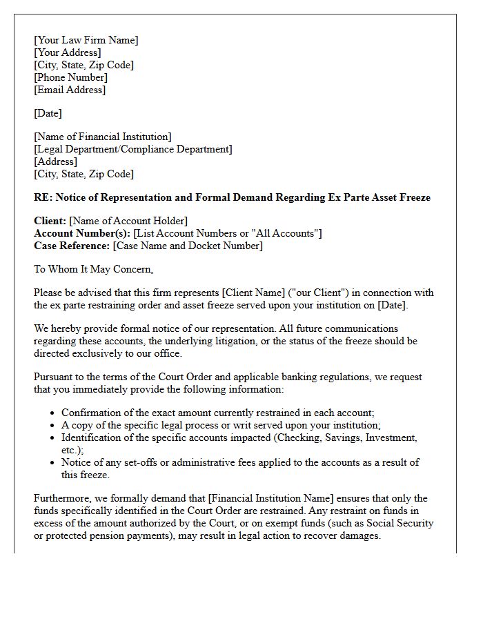 Letter of Representation to Financial Institutions for Ex Parte Asset Freezes
