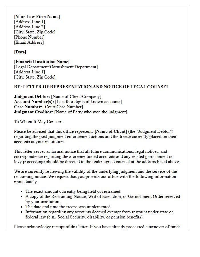 Letter of Representation to Financial Institutions for Post-Judgment Asset Freezes