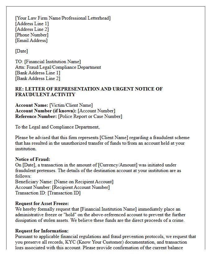 Letter of Representation to Financial Institutions for Fraud Recovery Asset Freezes