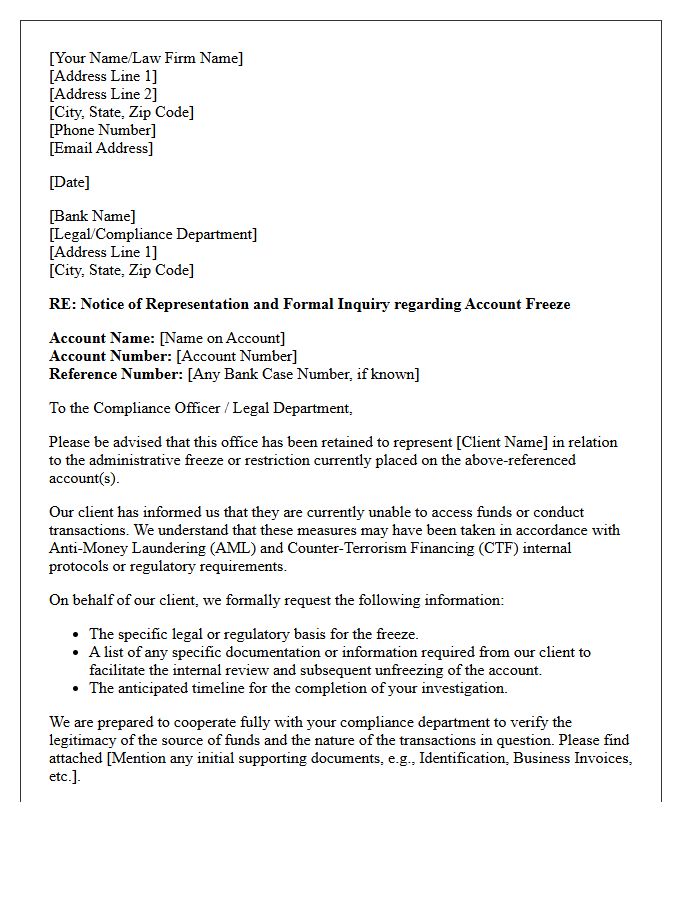 Letter of Representation to Financial Institutions for Anti-Money Laundering Asset Freezes