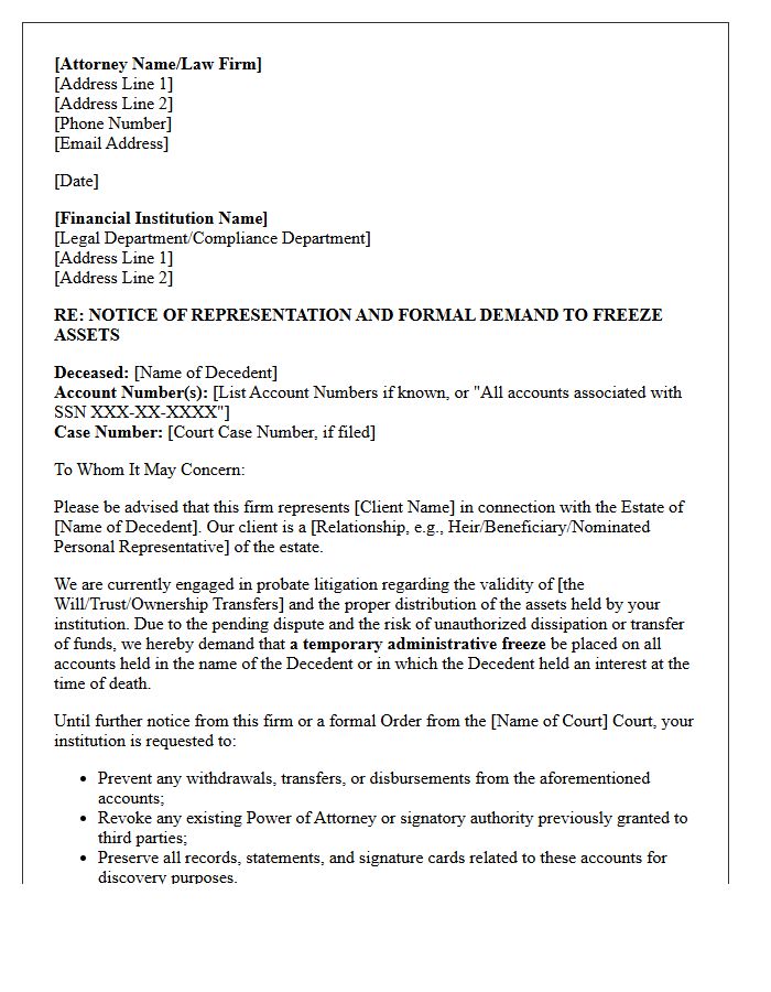 Letter of Representation to Financial Institutions for Probate Litigation Asset Freezes