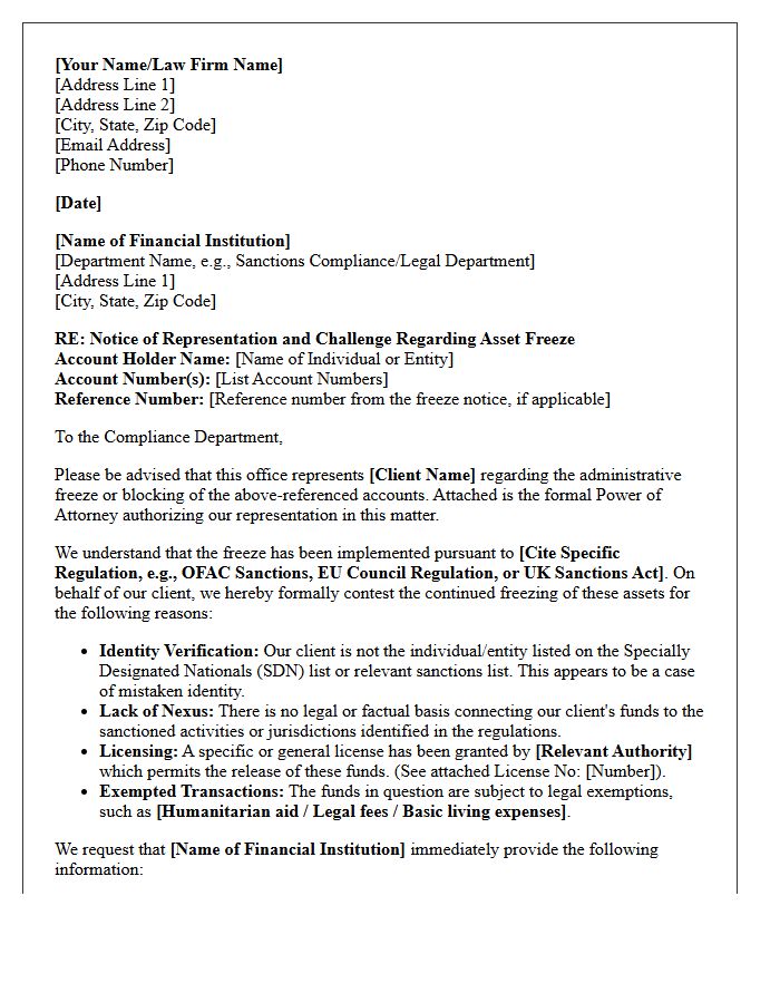 Letter of Representation to Financial Institutions for Regulatory Sanctions Asset Freezes