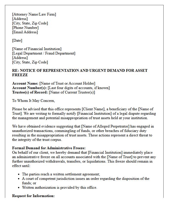 Letter of Representation to Financial Institutions for Trust Misappropriation Asset Freezes