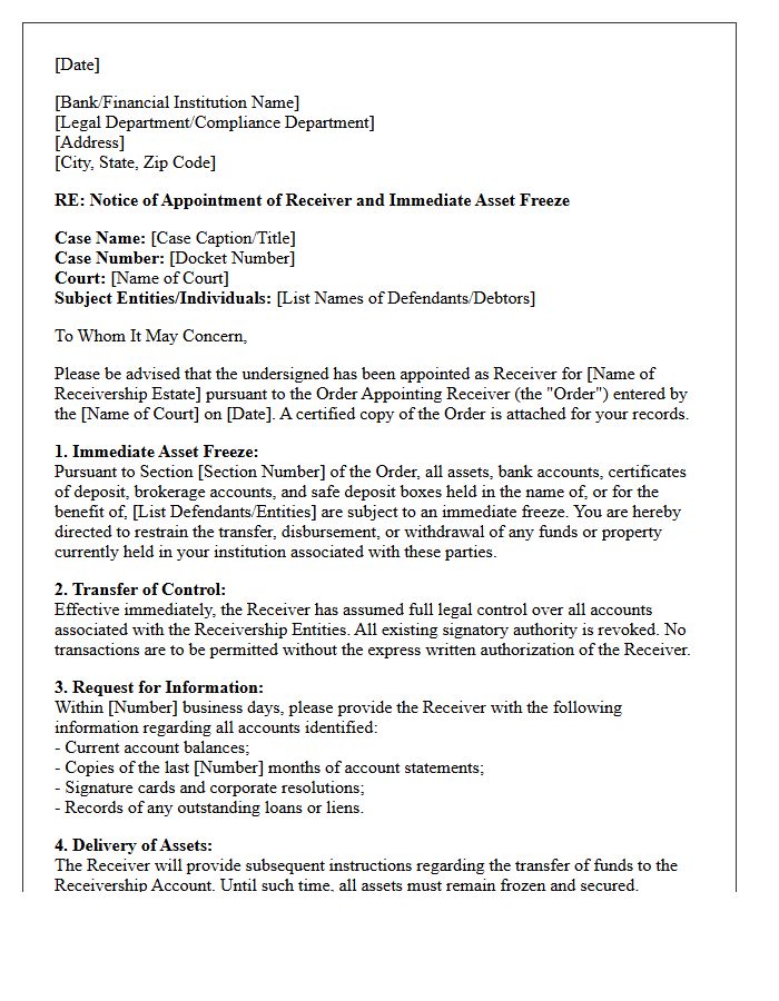 Letter of Representation to Financial Institutions for Receivership Appointment Asset Freezes