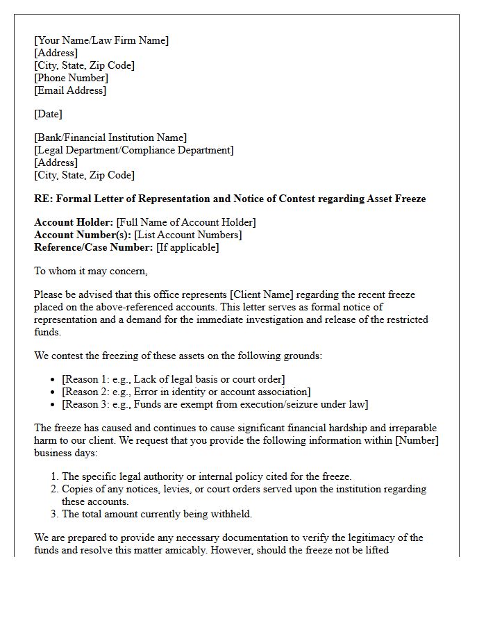 Letter of Representation to Financial Institutions for Contesting Wrongful Asset Freezes