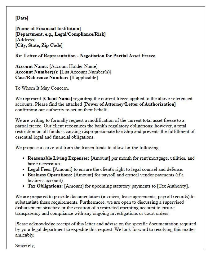 Letter of Representation to Financial Institutions for Negotiating Partial Asset Freezes