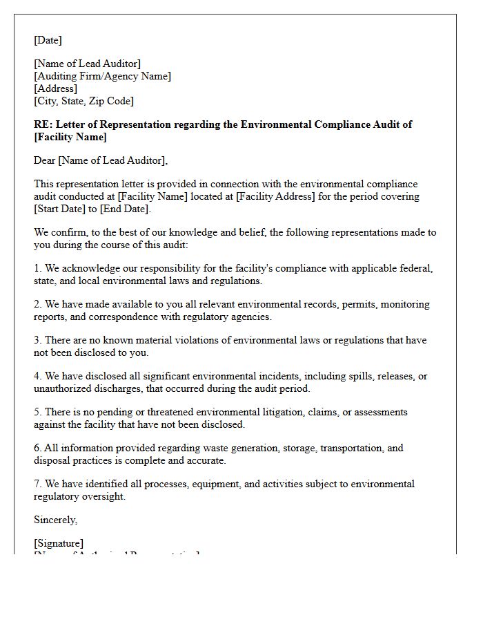 Initial Letter of Representation for Environmental Compliance Audits