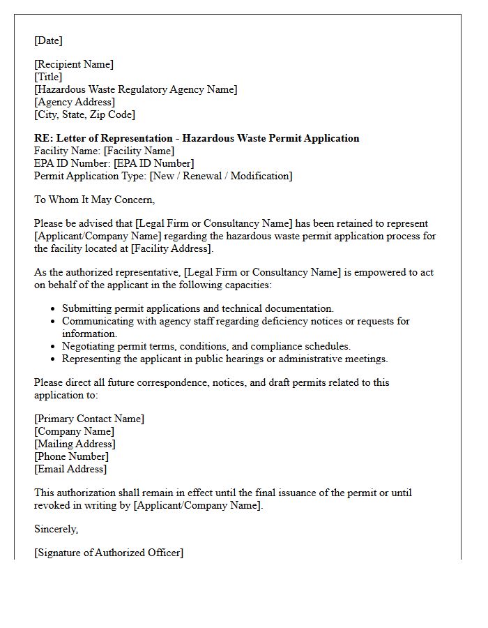 Letter of Representation for Hazardous Waste Permit Applications