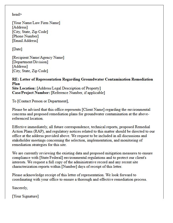 Letter of Representation for Groundwater Contamination Remediation Plans