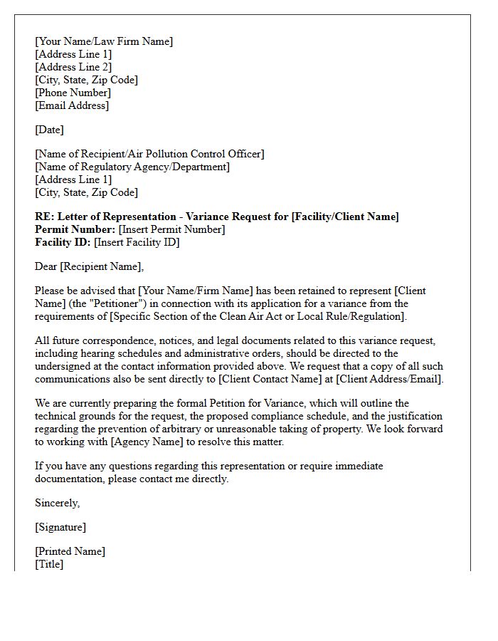 Letter of Representation for Clean Air Act Variance Requests