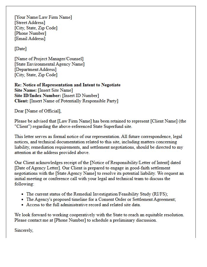 Letter of Representation for State Superfund Site Settlement Negotiations