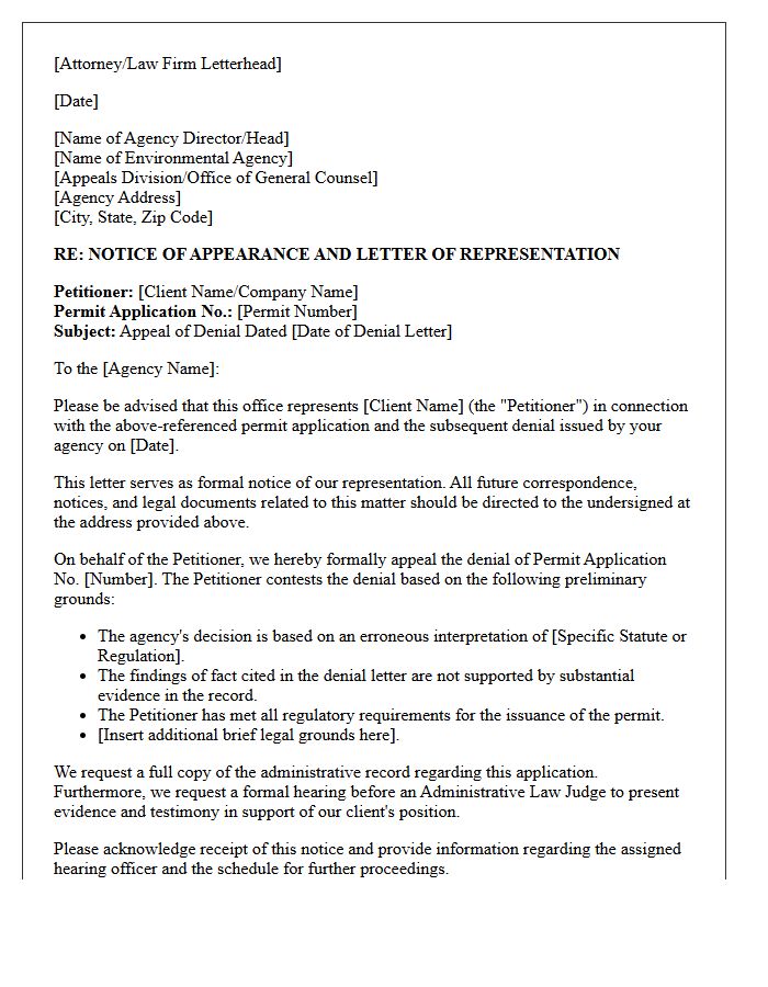 Letter of Representation Appealing Environmental Agency Permit Denials