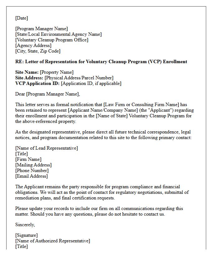 Letter of Representation for Voluntary Cleanup Program Enrollment