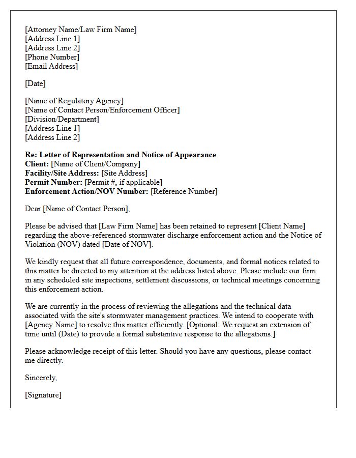 Letter of Representation for Stormwater Discharge Enforcement Actions