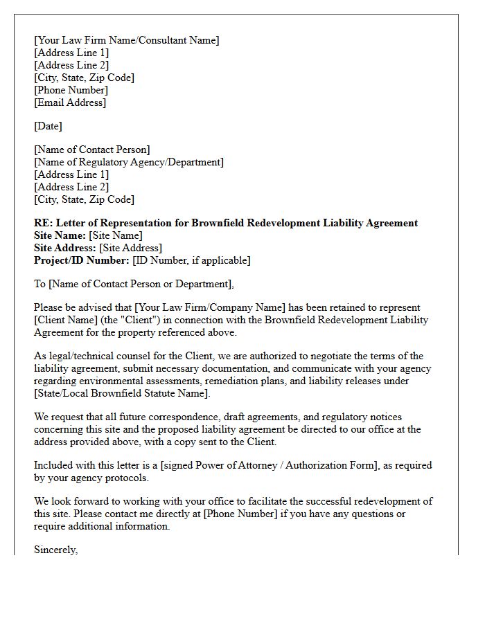 Letter of Representation for Brownfield Redevelopment Liability Agreements