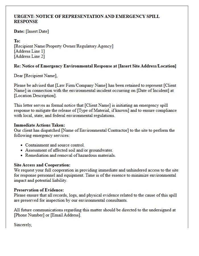 Letter of Representation Providing Notice of Emergency Spill Response