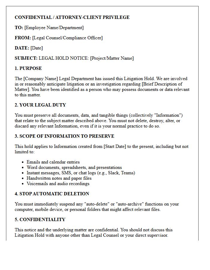 Internal Client Litigation Hold Preservation Letter