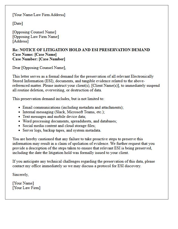 Opposing Counsel ESI Spoliation Warning Letter