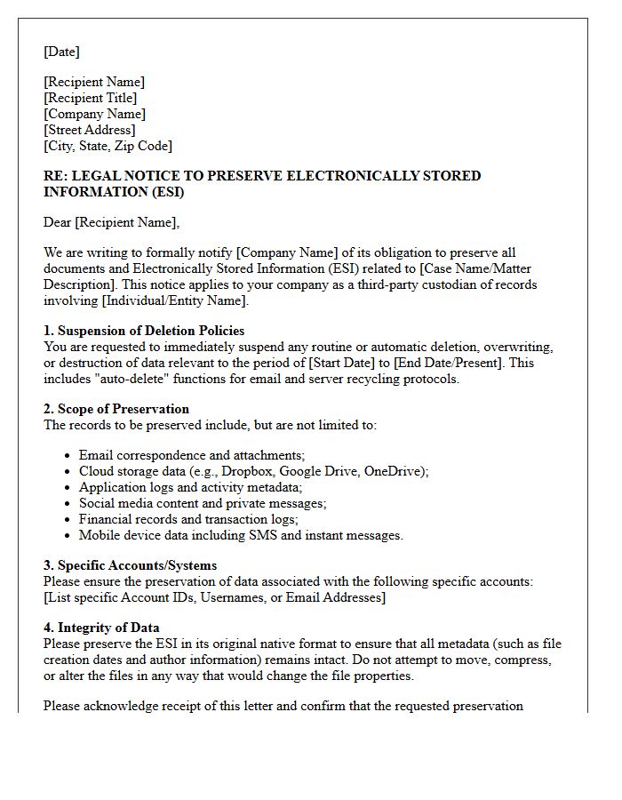 Third-Party Custodian ESI Preservation Letter