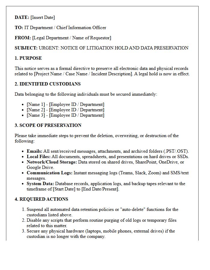 Corporate IT Department Electronic Data Preservation Letter