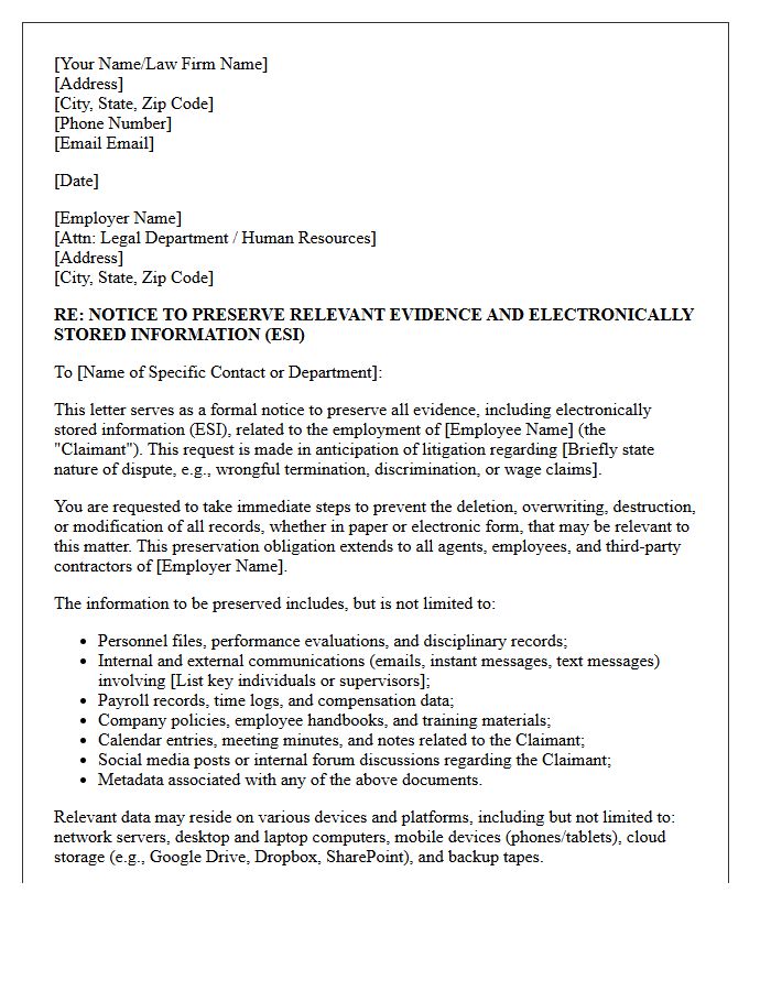 Employment Dispute ESI Preservation Letter