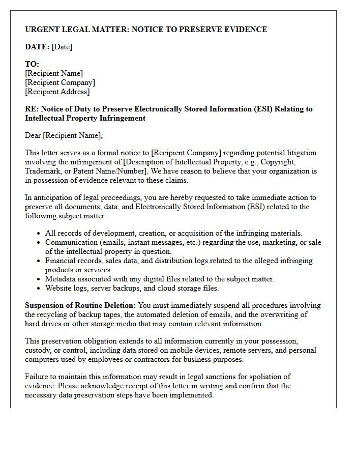 Intellectual Property Infringement ESI Preservation Letter